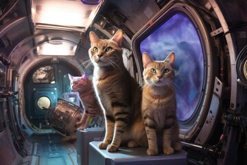 Wall Mural - intergalactic adventure with feline and canine crew, exploring new worlds, created with generative a
