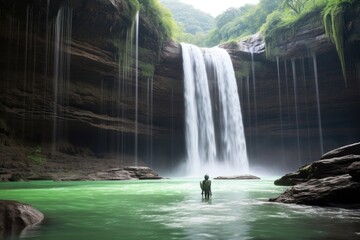 Wall Mural - alien taking close-up photo of majestic waterfall, with its peaceful sound in the background, create
