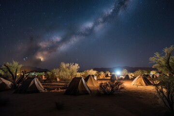 Wall Mural - desert night sky with stars and moon shining down on rows of tents, created with generative ai