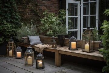 Sticker - diy garden with mix of contemporary and traditional elements, including wooden bench and glass lanterns, created with generative ai