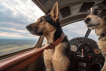 Wall Mural - cat and dog flying in vintage plane, with cockpit view visible, created with generative ai