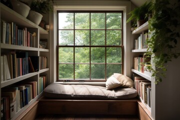 Poster - cozy reading nook surrounded by windows and natural light, with view of greenery, created with generative ai