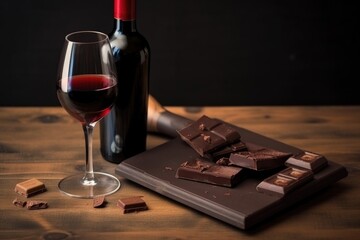 Sticker - chocolate bar and bottle of red wine on the table, created with generative ai