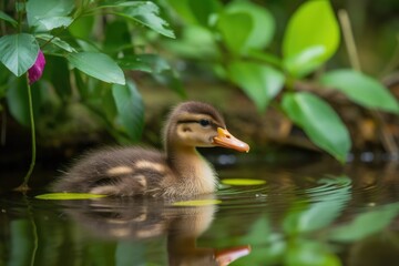 Canvas Print - baby duck swimming in pond, surrounded by greenery, created with generative ai