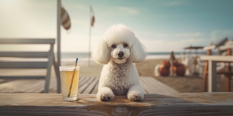 Wall Mural - dog laying on the beach with sunglasses, ai generated