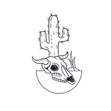 Hand Drawn Illustration Of Cactus And Cow Skull Outline