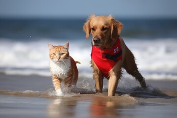 Wall Mural - dog and cat lifeguards having a race on the beach, using their speed and agility, created with generative ai