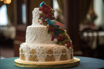 Poster - wedding cake, with intricate and detailed design, and personalized to the bride's taste, created with generative ai