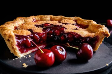 Wall Mural - cherry pie sitting on a black plate, with cherry filling and crust visible, created with generative ai