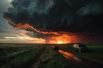 Canvas Print - stunning sunset, with storm clouds and tornadoes in the background, created with generative ai