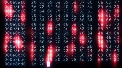 The digital information array is illuminated by a red light on a black background.