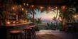 Generative AI, Tropical summer sunset beach bar background. Outdoor restaurant, Led light candles and wooden tables, chairs under beautiful sunset sky, sea view.