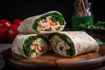 Wall Mural - tuna salad wrap, filled with greens, veggies and spicy mayo, created with generative ai