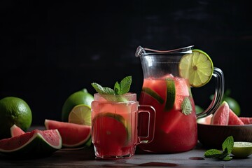 Canvas Print - refreshing summer drink with watermelon, mint, and lime, created with generative ai