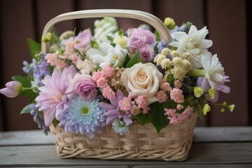 Wall Mural - basket overflowing with pastel flowers, perfect for springtime wedding, created with generative ai
