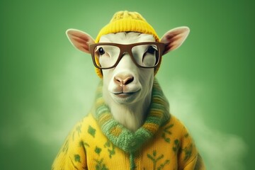 Wall Mural - Illustration of a funny goat wearing a yellow and green sweater, and a woolen hat, against a dark green background. Generative AI