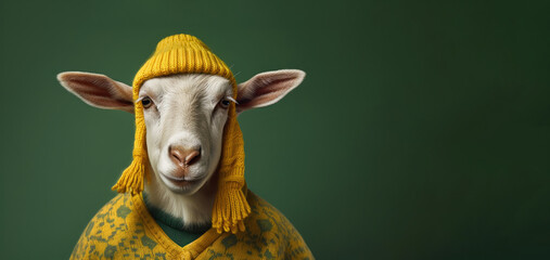 Wall Mural - Illustration of a funny goat wearing a yellow and green sweater, and a woolen hat, against a dark green background. Generative AI
