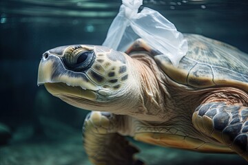 Poster - a turtle with a plastic bag around its neck, struggling to breathe, created with generative ai