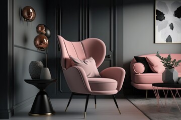 Sticker - pink armchair in minimalist interior, surrounded by gray and black accents, created with generative ai