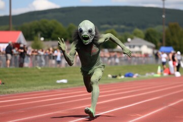 Wall Mural - alien athlete running 100-meter dash, with the finish line in sight, created with generative ai