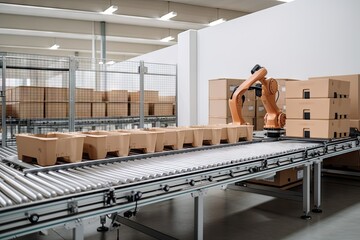 Wall Mural - packaging and sorting robots in warehouse or factory environment, performing their designated functions, created with generative ai