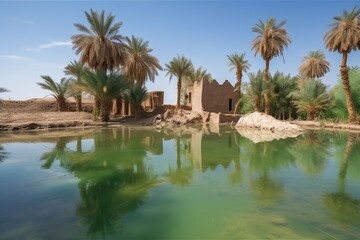 Canvas Print - oasis surrounded by ruins of ancient civilization, with palm trees and clear water, created with generative ai