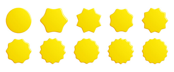 yellow starburst sticker 3d render set - collection of round sun burst or star shape badges for prom