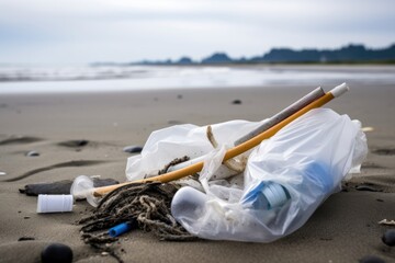 Wall Mural - close-up of trash bag filled with plastic bottles and cigarette at beach cleanup, created with generative ai