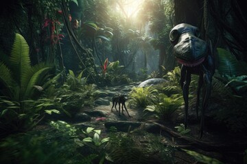 Wall Mural - alien exploring lush jungle, surrounded by exotic wildlife, created with generative ai