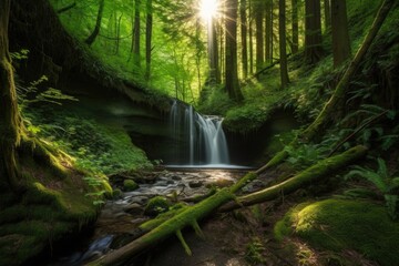 Canvas Print - majestic cascade in forest setting, with sunlight shining through the trees, created with generative ai