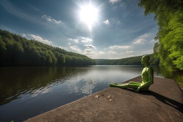 Wall Mural - alien sunbather taking in the rays of the warm sun, with beautiful view of a peaceful lake, created 