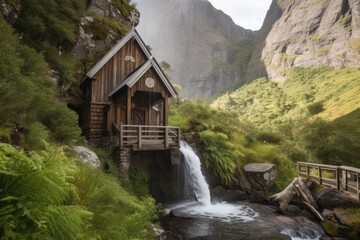 Poster - view of mountain chapel, with a waterfall in the background, created with generative ai