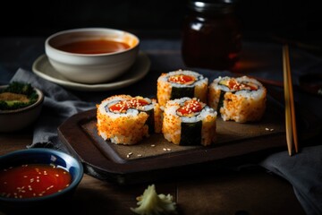 Sticker - japanese sushi roll with a korean twist, featuring kimchi and hot sauce, created with generative ai