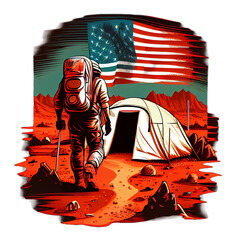 American Astronaut camping and hiking on Mars