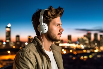 Poster - a young man hearing music through headphones setting of the city of sunset. generative AI