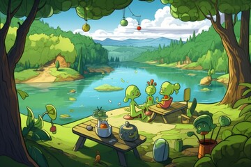 Wall Mural - alien family taking a picnic by the lake, with view of lush greenery and tranquil waters, created wi