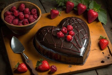 Wall Mural - heart-shaped chocolate cake with a decadent ganache glaze and fresh raspberries on top, created with generative ai