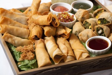 Sticker - platter of fusion-inspired appetizers, including spring rolls, wontons, and samosas, created with generative ai