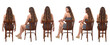 © curto - back viw of group of same young gril sitting on chair and turned and looking at camera  on white background