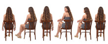 Back Viw Of Group Of Same Young Gril Sitting On Chair And Turned And Looking At Camera  On White Background