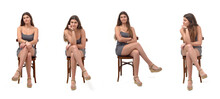 Front View Group Of Same Young Girl Sitting On Chair With Cross Legged On White Background