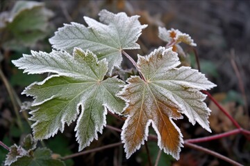 Poster - leaves covered in frost, with dewdrop on leaf, created with generative ai