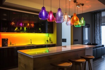 Canvas Print - a kitchen with colorful lights, bringing a pop of color to the space, created with generative ai