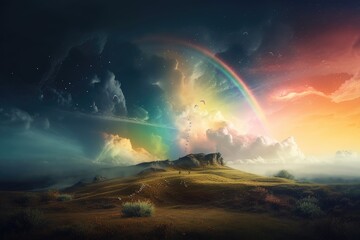 Wall Mural - abstract and surreal landscape with rolling clouds, rainbows, and shooting stars, created with gener