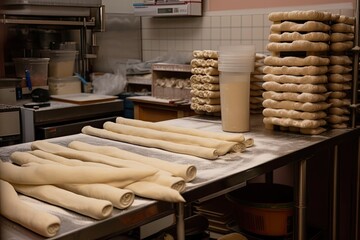 Poster - pizzeria, with stacks of freshly rolled dough ready for the chef's next creation, created with generative ai