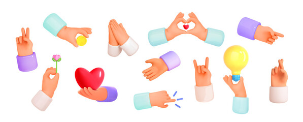 3d hands emoji icon . Different gestures of arm. Hands holding money, give flower,fingers pointing, sorry, idea, vicrory sign. Vector cartoon realistic illustration.