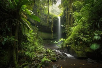 Wall Mural - majestic waterfall, cascading into lush jungle below, created with generative ai