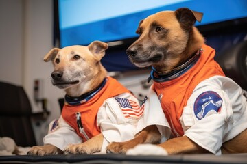 Wall Mural - feline and canine astronauts planting flag on new planet, created with generative ai
