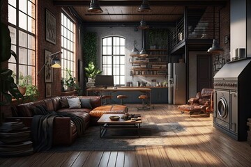 Canvas Print - industrial home, with sleek and functional furniture and decor, providing a warm and welcoming environment, created with generative ai