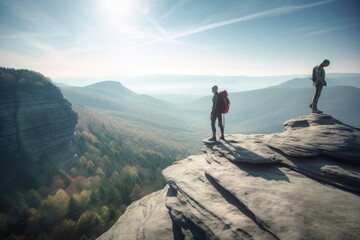 Wall Mural - alien hiker climbing rocky cliff trail, with stunning view at the top, created with generative ai